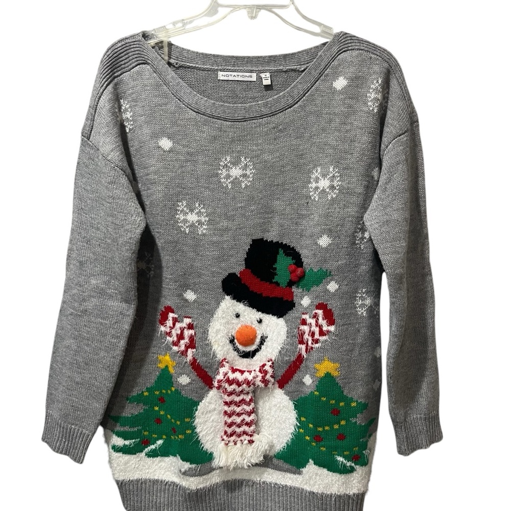 Notations Womens Long Sleeve Tunic Ugly Sweater Small Gray Snowmen‎ Christmas